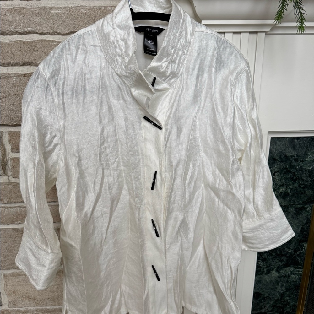 Ali Miles Woven Shimmer Stand Ruffle Collar 3/4 Sleeves Button-Front Tunic XL